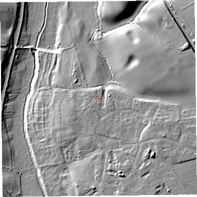Shaded relief map of the ground around CH21DT, computed from Environment Agency LiDAR. The ground here sits at about 17 m above sea level and falls 21 m across the surrounding 800 m. Surface water reaching this point runs off ground lying to the south-south-west, 2.5 m higher.