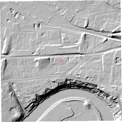 Shaded relief map of the ground around CH23DG, computed from Environment Agency LiDAR. The ground here sits at about 22 m above sea level and falls 23 m across the surrounding 800 m. Surface water reaching this point runs off ground lying to the east, 2.0 m higher.