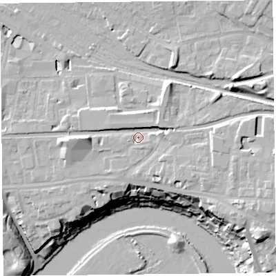 Shaded relief map of the ground around CH23DH, computed from Environment Agency LiDAR. The ground here sits at about 22 m above sea level and falls 24 m across the surrounding 800 m. Surface water reaching this point runs off ground lying to the east-north-east, 3.4 m higher.