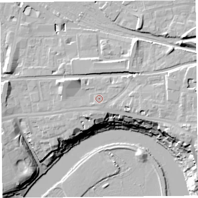Shaded relief map of the ground around CH23DP, computed from Environment Agency LiDAR. The ground here sits at about 22 m above sea level and falls 23 m across the surrounding 800 m. Surface water reaching this point runs off ground lying to the east, 3.7 m higher.