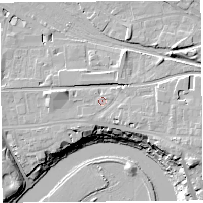 Shaded relief map of the ground around CH23FF, computed from Environment Agency LiDAR. The ground here sits at about 22 m above sea level and falls 24 m across the surrounding 800 m. Surface water reaching this point runs off ground lying to the east-north-east, 1.2 m higher.