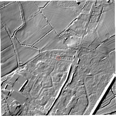 Shaded relief map of the ground around CH24DL, computed from Environment Agency LiDAR. The ground here sits at about 9 m above sea level and falls 17 m across the surrounding 800 m. Surface water reaching this point runs off ground lying to the south-south-east, 9.4 m higher.