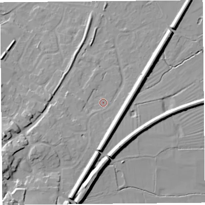 Shaded relief map of the ground around CH24DP, computed from Environment Agency LiDAR. The ground here sits at about 12 m above sea level and falls 14 m across the surrounding 800 m. Surface water reaching this point runs off ground lying to the south-west, 1.8 m higher.