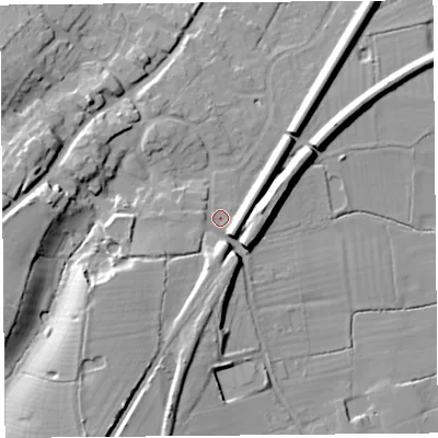 Shaded relief map of the ground around CH24EH, computed from Environment Agency LiDAR. The ground here sits at about 17 m above sea level and falls 19 m across the surrounding 800 m. Surface water reaching this point runs off ground lying to the south-south-west, 12.2 m higher.