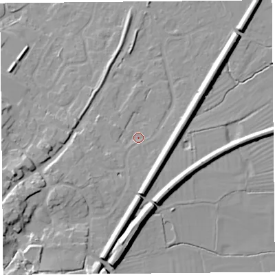 Shaded relief map of the ground around CH24EJ, computed from Environment Agency LiDAR. The ground here sits at about 13 m above sea level and falls 15 m across the surrounding 800 m. Surface water reaching this point runs off ground lying to the west-south-west, 5.7 m higher.