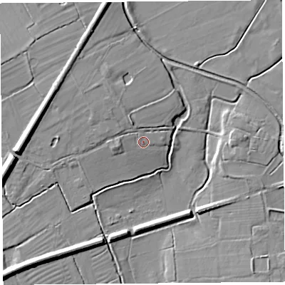 Shaded relief map of the ground around CH24EN, computed from Environment Agency LiDAR. The ground here sits at about 11 m above sea level and falls 11 m across the surrounding 800 m. Surface water reaching this point runs off ground lying to the west-north-west, 1.4 m higher.