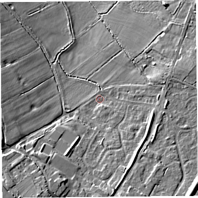 Shaded relief map of the ground around CH24EP, computed from Environment Agency LiDAR. The ground here sits at about 9 m above sea level and falls 20 m across the surrounding 800 m. Surface water reaching this point runs off ground lying to the south-west, 16.4 m higher.
