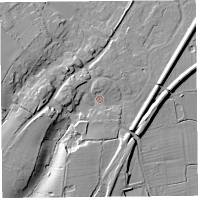 Shaded relief map of the ground around CH24EZ, computed from Environment Agency LiDAR. The ground here sits at about 16 m above sea level and falls 18 m across the surrounding 800 m. Surface water reaching this point runs off ground lying to the west-south-west, 13.1 m higher.