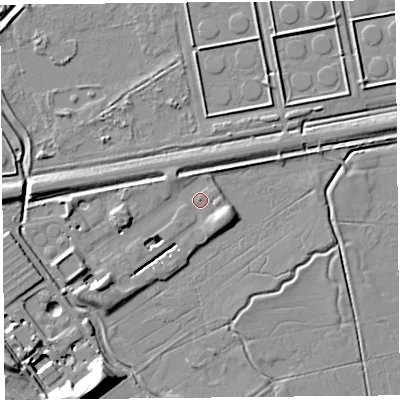 Shaded relief map of the ground around CH24FE, computed from Environment Agency LiDAR. The ground here sits at about 5 m above sea level and falls 17 m across the surrounding 800 m. Surface water reaching this point runs off ground lying to the south-west, 6.5 m higher.