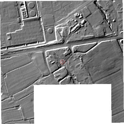 Shaded relief map of the ground around CH24HU, computed from Environment Agency LiDAR. The ground here sits at about 15 m above sea level and falls 15 m across the surrounding 800 m. Surface water reaching this point runs off ground lying to the east, 4.0 m higher.
