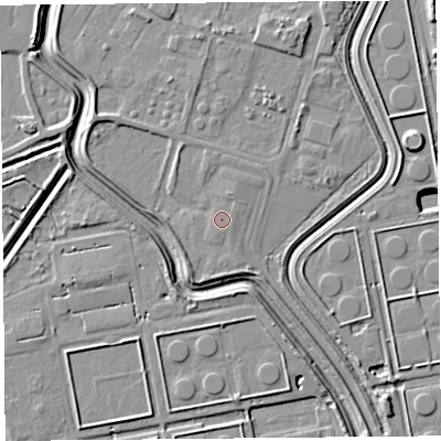 Shaded relief map of the ground around CH24JA, computed from Environment Agency LiDAR. The ground here sits at about 6 m above sea level and falls 10 m across the surrounding 800 m. Surface water reaching this point runs off ground lying to the north-west, 2.9 m higher.