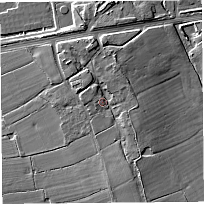 Shaded relief map of the ground around CH24JF, computed from Environment Agency LiDAR. The ground here sits at about 14 m above sea level and falls 13 m across the surrounding 800 m. Surface water reaching this point runs off ground lying to the north-north-east, 4.0 m higher.