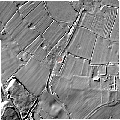 Shaded relief map of the ground around CH24JP, computed from Environment Agency LiDAR. The ground here sits at about 10 m above sea level and falls 13 m across the surrounding 800 m. Surface water reaching this point runs off ground lying to the south-east, 1.9 m higher.