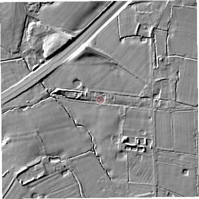 Shaded relief map of the ground around CH24JX, computed from Environment Agency LiDAR. The ground here sits at about 9 m above sea level and falls 10 m across the surrounding 800 m. Surface water reaching this point runs off ground lying to the east, 5.9 m higher.
