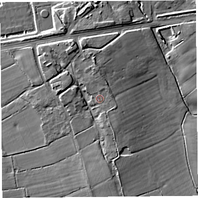 Shaded relief map of the ground around CH24JY, computed from Environment Agency LiDAR. The ground here sits at about 15 m above sea level and falls 12 m across the surrounding 800 m. Surface water reaching this point runs off ground lying to the east-north-east, 1.5 m higher.