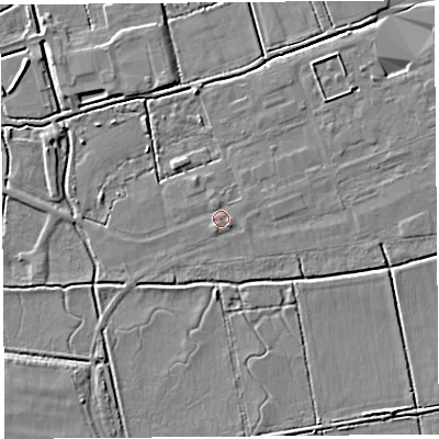 Shaded relief map of the ground around CH24LB, computed from Environment Agency LiDAR. The ground here sits at about 5 m above sea level and falls 4 m across the surrounding 800 m. Surface water reaching this point runs off ground lying to the east, 0.9 m higher.
