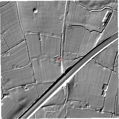Shaded relief map of the ground around CH24LH, computed from Environment Agency LiDAR. The ground here sits at about 12 m above sea level and falls 8 m across the surrounding 800 m. Surface water reaching this point runs off ground lying to the south-south-east, 4.6 m higher.