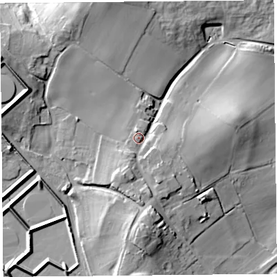 Shaded relief map of the ground around CH24NP, computed from Environment Agency LiDAR. The ground here sits at about 24 m above sea level and falls 28 m across the surrounding 800 m. Surface water reaching this point runs off ground lying to the south, 9.5 m higher.