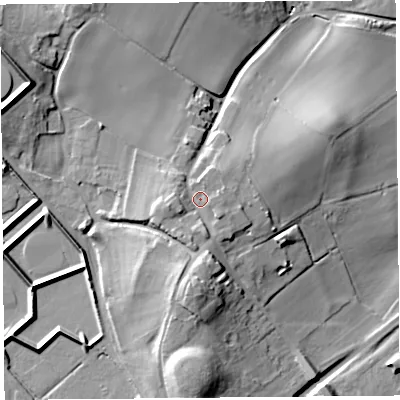 Shaded relief map of the ground around CH24NR, computed from Environment Agency LiDAR. The ground here sits at about 25 m above sea level and falls 28 m across the surrounding 800 m. Surface water reaching this point runs off ground lying to the south, 6.4 m higher.