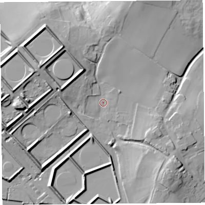 Shaded relief map of the ground around CH24NS, computed from Environment Agency LiDAR. The ground here sits at about 20 m above sea level and falls 25 m across the surrounding 800 m. Surface water reaching this point runs off ground lying to the north-west, 13.8 m higher.