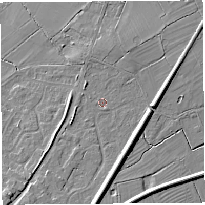 Shaded relief map of the ground around CH24QJ, computed from Environment Agency LiDAR. The ground here sits at about 10 m above sea level and falls 13 m across the surrounding 800 m. Surface water reaching this point runs off ground lying to the south, 9.3 m higher.