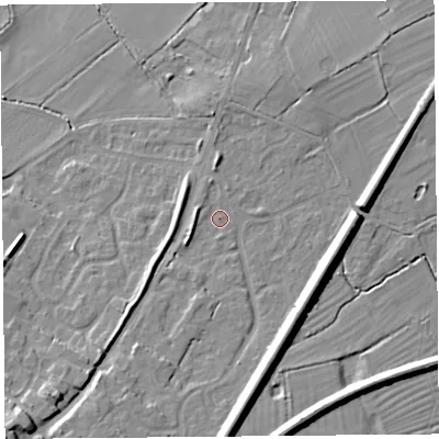 Shaded relief map of the ground around CH24QL, computed from Environment Agency LiDAR. The ground here sits at about 10 m above sea level and falls 14 m across the surrounding 800 m. Surface water reaching this point runs off ground lying to the south, 9.2 m higher.