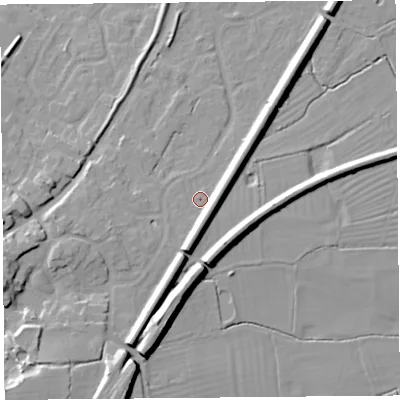 Shaded relief map of the ground around CH24QP, computed from Environment Agency LiDAR. The ground here sits at about 14 m above sea level and falls 18 m across the surrounding 800 m. Surface water reaching this point runs off ground lying to the west-south-west, 8.7 m higher.