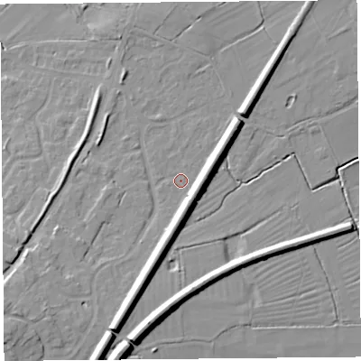 Shaded relief map of the ground around CH24QR, computed from Environment Agency LiDAR. The ground here sits at about 11 m above sea level and falls 14 m across the surrounding 800 m. Surface water reaching this point runs off ground lying to the south, 7.5 m higher.