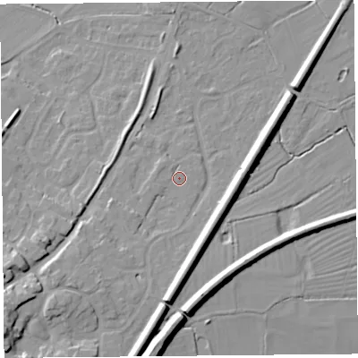 Shaded relief map of the ground around CH24QS, computed from Environment Agency LiDAR. The ground here sits at about 12 m above sea level and falls 15 m across the surrounding 800 m. Surface water reaching this point runs off ground lying to the south-west, 4.4 m higher.