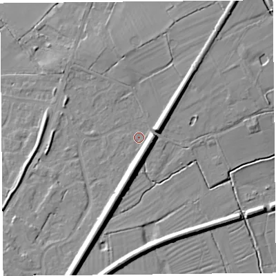 Shaded relief map of the ground around CH24QU, computed from Environment Agency LiDAR. The ground here sits at about 10 m above sea level and falls 13 m across the surrounding 800 m. Surface water reaching this point runs off ground lying to the south-south-west, 8.2 m higher.