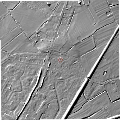 Shaded relief map of the ground around CH24QX, computed from Environment Agency LiDAR. The ground here sits at about 10 m above sea level and falls 13 m across the surrounding 800 m. Surface water reaching this point runs off ground lying to the south, 8.4 m higher.