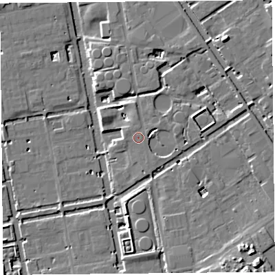 Shaded relief map of the ground around CH24RB, computed from Environment Agency LiDAR. The ground here sits at about 8 m above sea level and falls 14 m across the surrounding 800 m. Surface water reaching this point runs off ground lying to the east, 4.9 m higher.