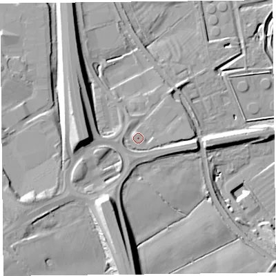 Shaded relief map of the ground around CH24RG, computed from Environment Agency LiDAR. The ground here sits at about 14 m above sea level and falls 22 m across the surrounding 800 m. Surface water reaching this point runs off ground lying to the west, 1.9 m higher.