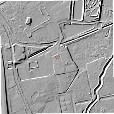 Shaded relief map of the ground around CH24SA, computed from Environment Agency LiDAR. The ground here sits at about 8 m above sea level and falls 15 m across the surrounding 800 m. Surface water reaching this point runs off ground lying to the south, 1.7 m higher.
