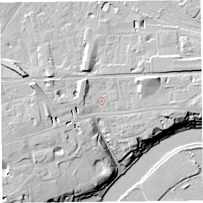 Shaded relief map of the ground around CH35AD, computed from Environment Agency LiDAR. The ground here sits at about 20 m above sea level and falls 20 m across the surrounding 800 m. Surface water reaching this point runs off ground lying to the north-west, 4.5 m higher.