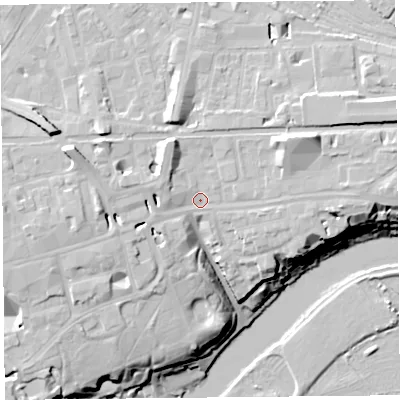 Shaded relief map of the ground around CH35AE, computed from Environment Agency LiDAR. The ground here sits at about 19 m above sea level and falls 20 m across the surrounding 800 m. Surface water reaching this point runs off ground lying to the east-north-east, 7.6 m higher.