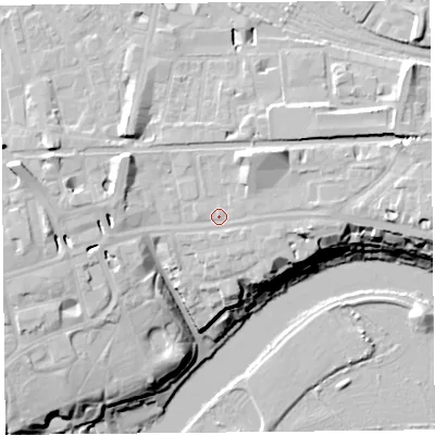 Shaded relief map of the ground around CH35AF, computed from Environment Agency LiDAR. The ground here sits at about 21 m above sea level and falls 21 m across the surrounding 800 m. Surface water reaching this point runs off ground lying to the east, 2.5 m higher.