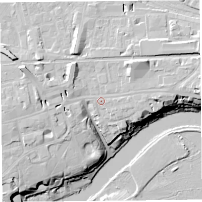 Shaded relief map of the ground around CH35AG, computed from Environment Agency LiDAR. The ground here sits at about 20 m above sea level and falls 20 m across the surrounding 800 m. Surface water reaching this point runs off ground lying to the north-east, 5.3 m higher.