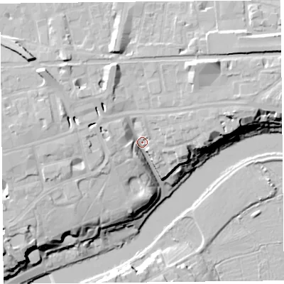 Shaded relief map of the ground around CH35AH, computed from Environment Agency LiDAR. The ground here sits at about 16 m above sea level and falls 22 m across the surrounding 800 m. Surface water reaching this point runs off ground lying to the north-east, 12.1 m higher.