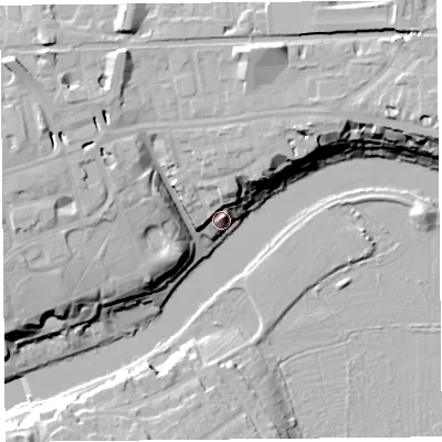 Shaded relief map of the ground around CH35AJ, computed from Environment Agency LiDAR. The ground here sits at about 11 m above sea level and falls 22 m across the surrounding 800 m. Surface water reaching this point runs off ground lying to the north, 9.6 m higher.