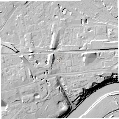 Shaded relief map of the ground around CH35AL, computed from Environment Agency LiDAR. The ground here sits at about 20 m above sea level and falls 20 m across the surrounding 800 m. Surface water reaching this point runs off ground lying to the east-north-east, 1.3 m higher.
