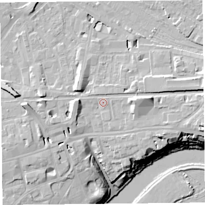 Shaded relief map of the ground around CH35AN, computed from Environment Agency LiDAR. The ground here sits at about 21 m above sea level and falls 20 m across the surrounding 800 m. Surface water reaching this point runs off ground lying to the east-south-east, 1.2 m higher.
