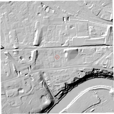Shaded relief map of the ground around CH35AP, computed from Environment Agency LiDAR. The ground here sits at about 20 m above sea level and falls 21 m across the surrounding 800 m. Surface water reaching this point runs off ground lying to the east-north-east, 4.3 m higher.