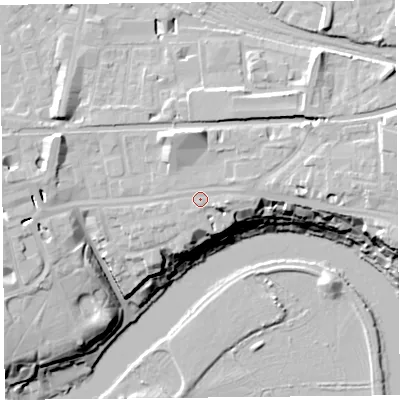 Shaded relief map of the ground around CH35AQ, computed from Environment Agency LiDAR. The ground here sits at about 21 m above sea level and falls 21 m across the surrounding 800 m. Surface water reaching this point runs off ground lying to the east-south-east, 1.6 m higher.