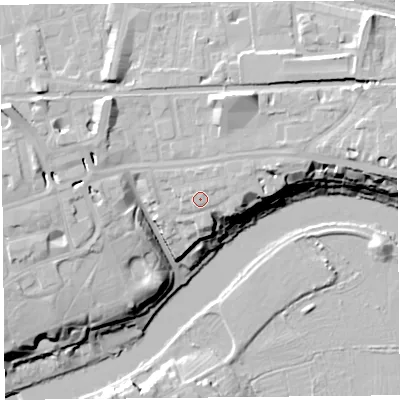 Shaded relief map of the ground around CH35AR, computed from Environment Agency LiDAR. The ground here sits at about 20 m above sea level and falls 22 m across the surrounding 800 m. Surface water reaching this point runs off ground lying to the east-north-east, 2.3 m higher.