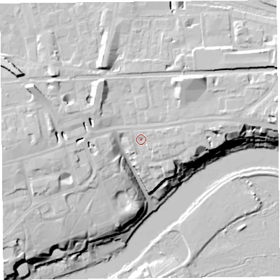 Shaded relief map of the ground around CH35AS, computed from Environment Agency LiDAR. The ground here sits at about 19 m above sea level and falls 20 m across the surrounding 800 m. Surface water reaching this point runs off ground lying to the east, 4.5 m higher.