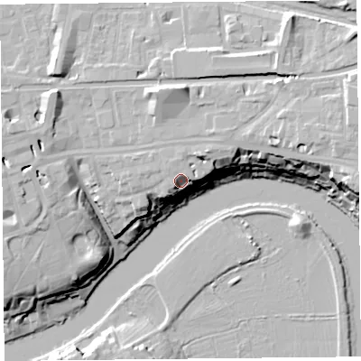 Shaded relief map of the ground around CH35AU, computed from Environment Agency LiDAR. The ground here sits at about 20 m above sea level and falls 21 m across the surrounding 800 m. Surface water reaching this point runs off ground lying to the north, 0.6 m higher.
