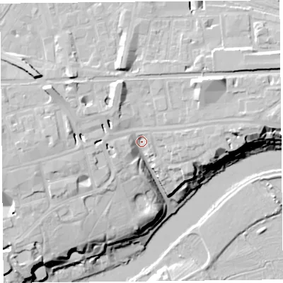 Shaded relief map of the ground around CH35AW, computed from Environment Agency LiDAR. The ground here sits at about 17 m above sea level and falls 20 m across the surrounding 800 m. Surface water reaching this point runs off ground lying to the north-east, 8.9 m higher.