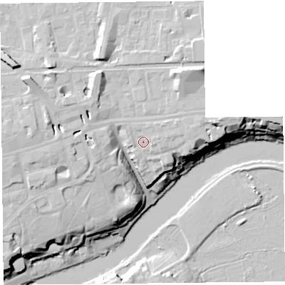 Shaded relief map of the ground around CH35AX, computed from Environment Agency LiDAR. The ground here sits at about 19 m above sea level and falls 22 m across the surrounding 800 m. Surface water reaching this point runs off ground lying to the east-north-east, 5.1 m higher.