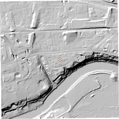 Shaded relief map of the ground around CH35AY, computed from Environment Agency LiDAR. The ground here sits at about 20 m above sea level and falls 21 m across the surrounding 800 m. Surface water reaching this point runs off ground lying to the north-east, 1.4 m higher.